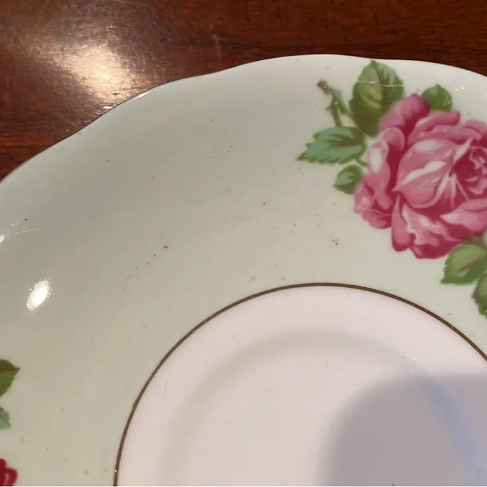 Colclough vintage bone China tea cup & saucer, pink roses on green & white - Picture 8 of 11
